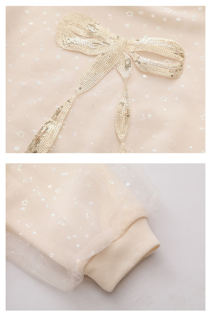 Korean Style Mesh Princess Dress – Beige Long Sleeve Ruffled Dress for Girls