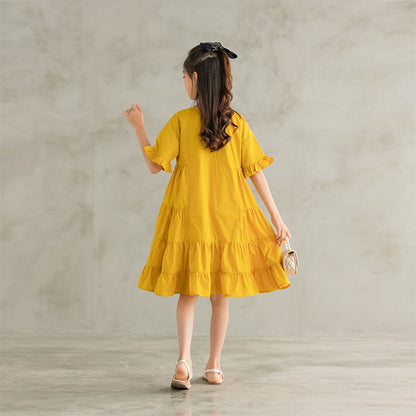 Girls Yellow Dress – Solid Color Cotton Dress with Ruffle Sleeves | Toddler & Kids Sizes