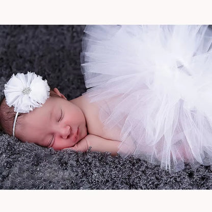 Newborn Baby Photography Props - Princess Costume with Tutu Skirt & Flower Headband | Infant Girl Outfit Accessories