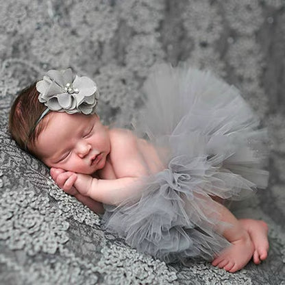 Newborn Baby Photography Props - Princess Costume with Tutu Skirt & Flower Headband | Infant Girl Outfit Accessories