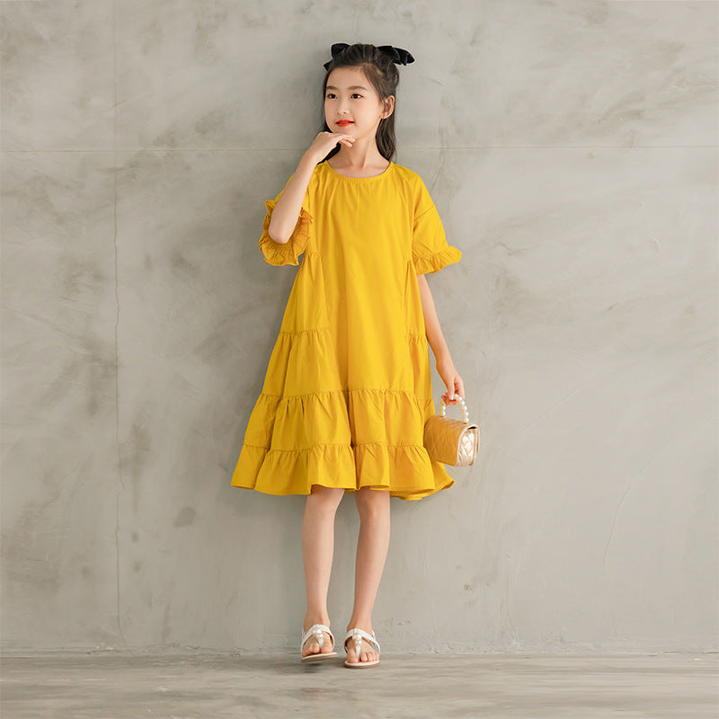 Girls Yellow Dress – Solid Color Cotton Dress with Ruffle Sleeves