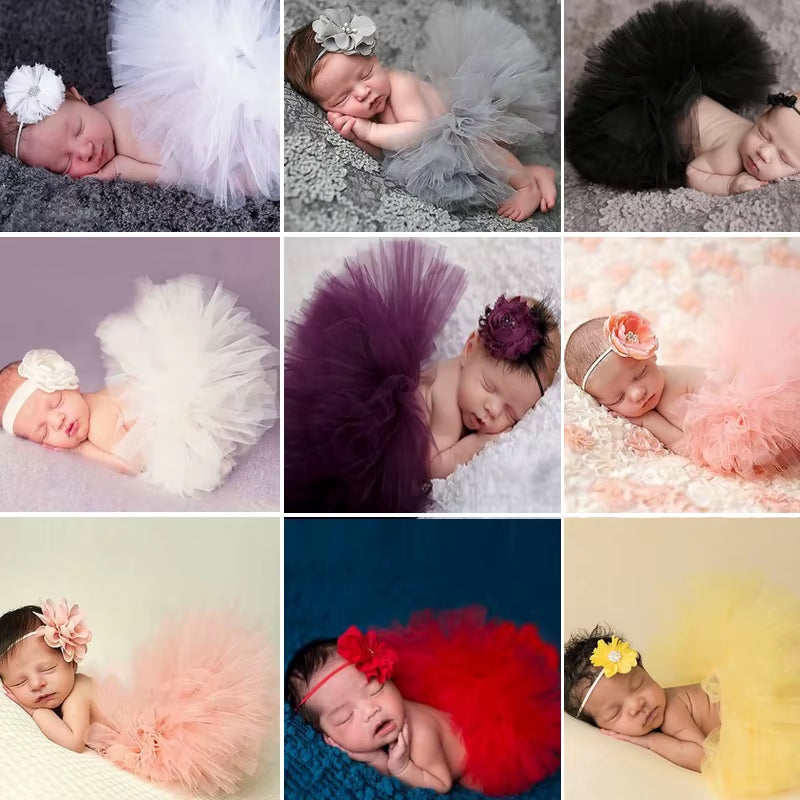 Newborn Baby Photography Props - Princess Costume with Tutu Skirt & Flower Headband | Infant Girl Outfit Accessories