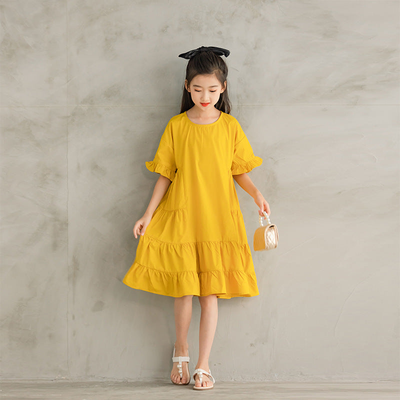 Girls Yellow Dress – Solid Color Cotton Dress with Ruffle Sleeves | Toddler & Kids Sizes