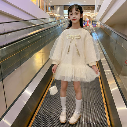 Korean Style Mesh Princess Dress – Beige Long Sleeve Ruffled Dress for Girls