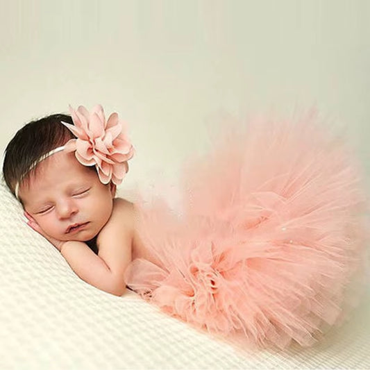 Newborn Baby Photography Props - Princess Costume with Tutu Skirt & Flower Headband | Infant Girl Outfit Accessories