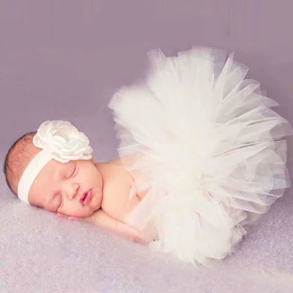 Newborn Baby Photography Props - Princess Costume with Tutu Skirt & Flower Headband | Infant Girl Outfit Accessories