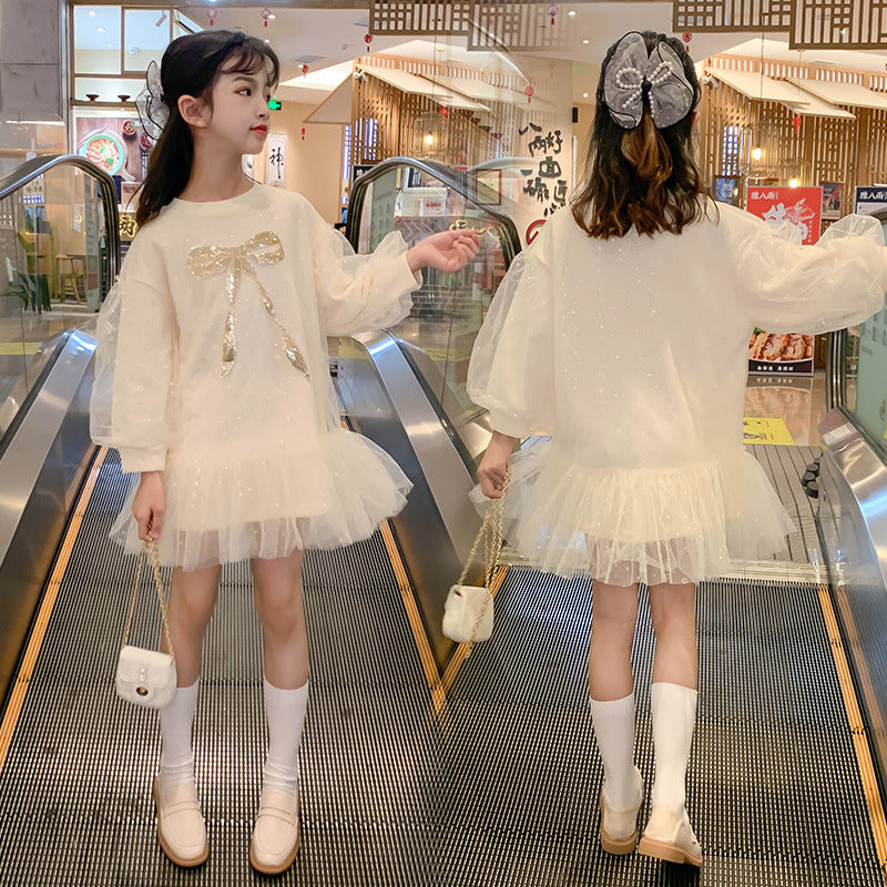 Korean Style Mesh Princess Dress – Beige Long Sleeve Ruffled Dress for Girls