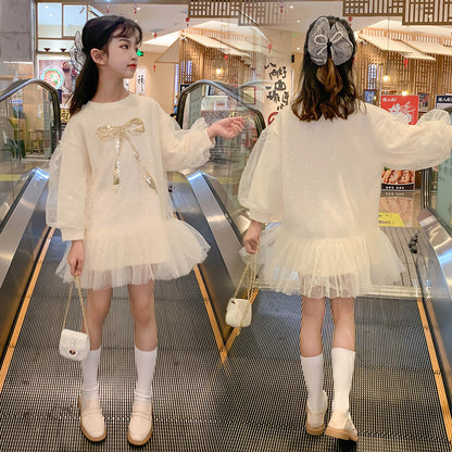Korean Style Mesh Princess Dress – Beige Long Sleeve Ruffled Dress for Girls