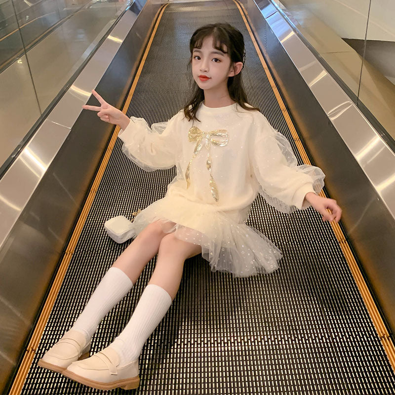 Korean Style Mesh Princess Dress – Beige Long Sleeve Ruffled Dress for Girls