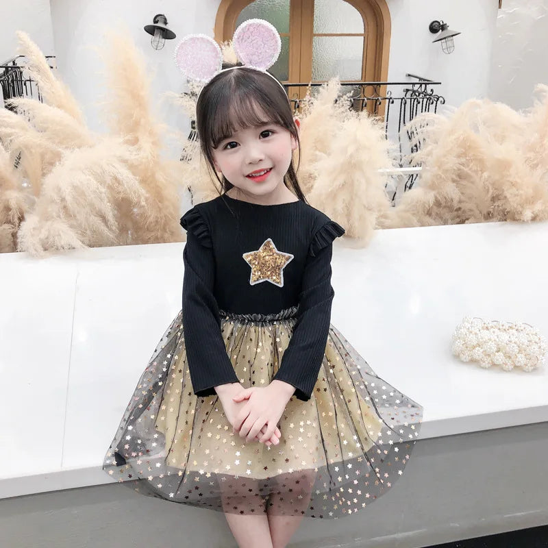 Baby Girl Star Sweater Dress – Toddler Knit Dress for Spring & Autumn | Long Sleeve Casual Outfit for Girls (1–5 Years)