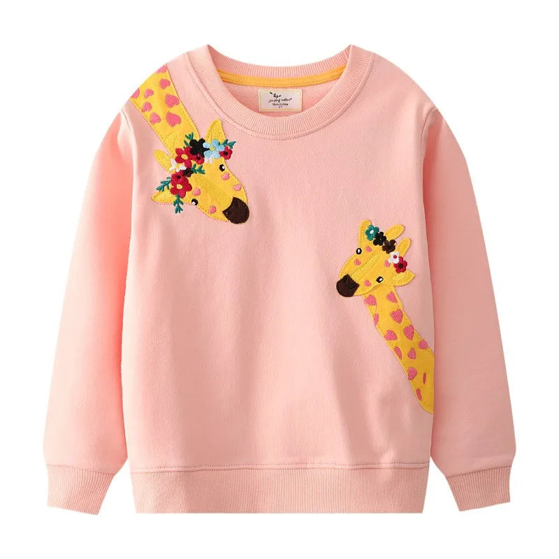 New Arrival Giraffe or Bird Applique Autumn Winter Children Girls Sweatshirts Cotton Baby Clothes Toddler Kids Hooded