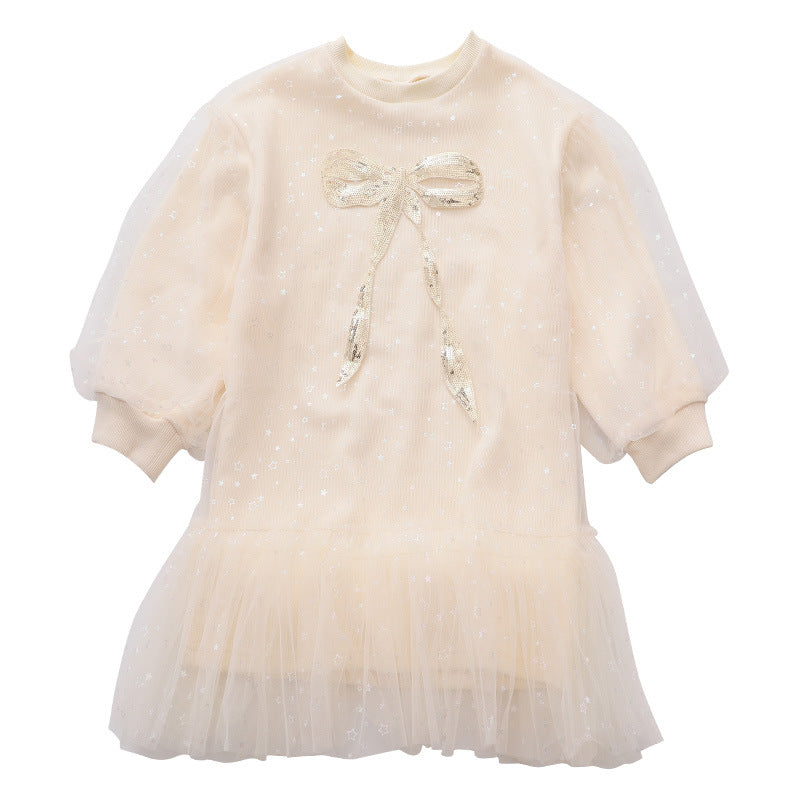 Korean Style Mesh Princess Dress – Beige Long Sleeve Ruffled Dress for Girls