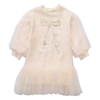 Korean Style Mesh Princess Dress – Beige Long Sleeve Ruffled Dress for Girls