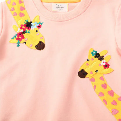 New Arrival Giraffe or Bird Applique Autumn Winter Children Girls Sweatshirts Cotton Baby Clothes Toddler Kids Hooded