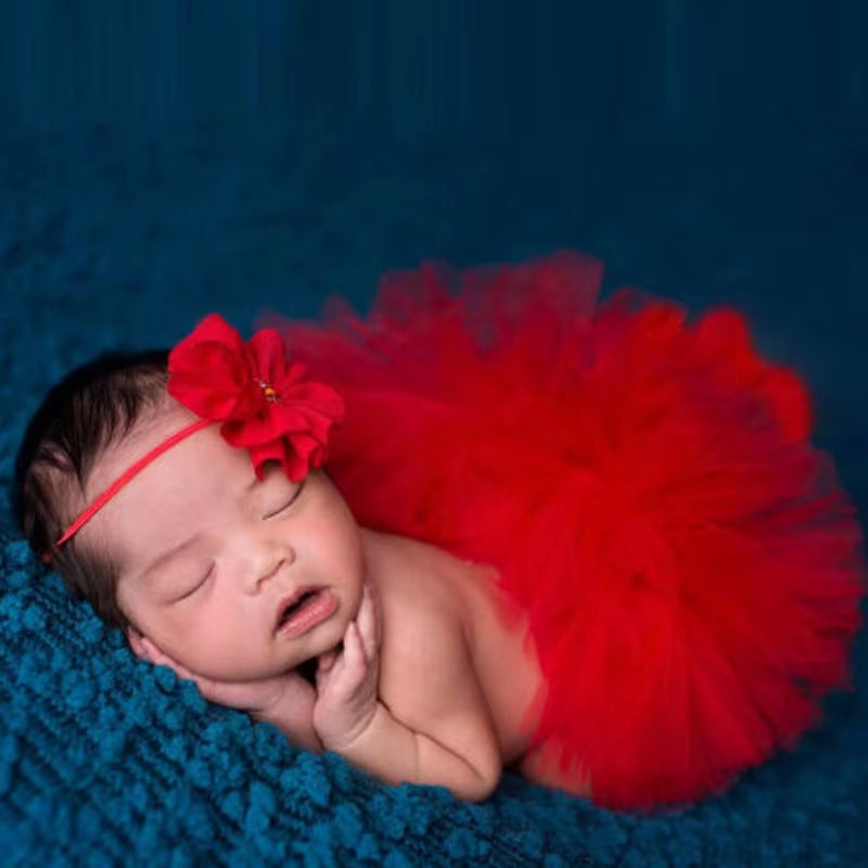 Newborn Baby Photography Props - Princess Costume with Tutu Skirt & Flower Headband | Infant Girl Outfit Accessories