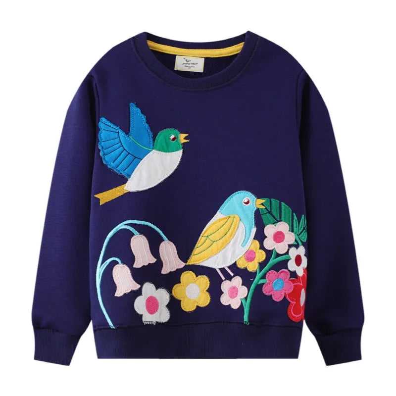 New Arrival Giraffe or Bird Applique Autumn Winter Children Girls Sweatshirts Cotton Baby Clothes Toddler Kids Hooded