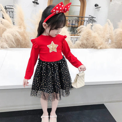 Baby Girl Star Sweater Dress – Toddler Knit Dress for Spring & Autumn | Long Sleeve Casual Outfit for Girls (1–5 Years)