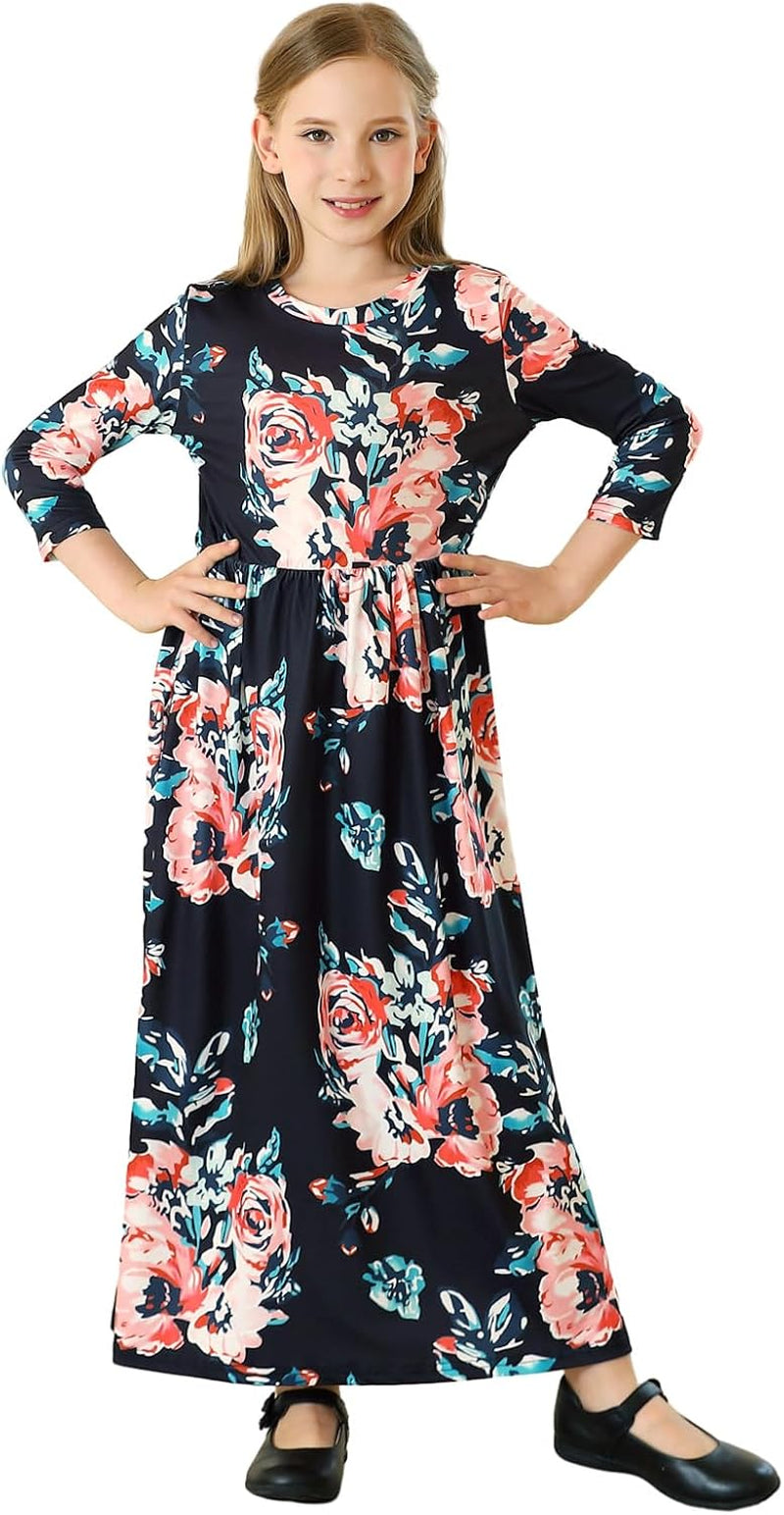 Girls Floral Maxi Dress – 3/4 Sleeve Long Dress with Pockets (6 years old)