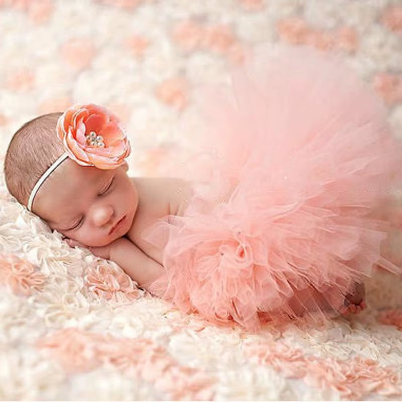 Newborn Baby Photography Props - Princess Costume with Tutu Skirt & Flower Headband | Infant Girl Outfit Accessories