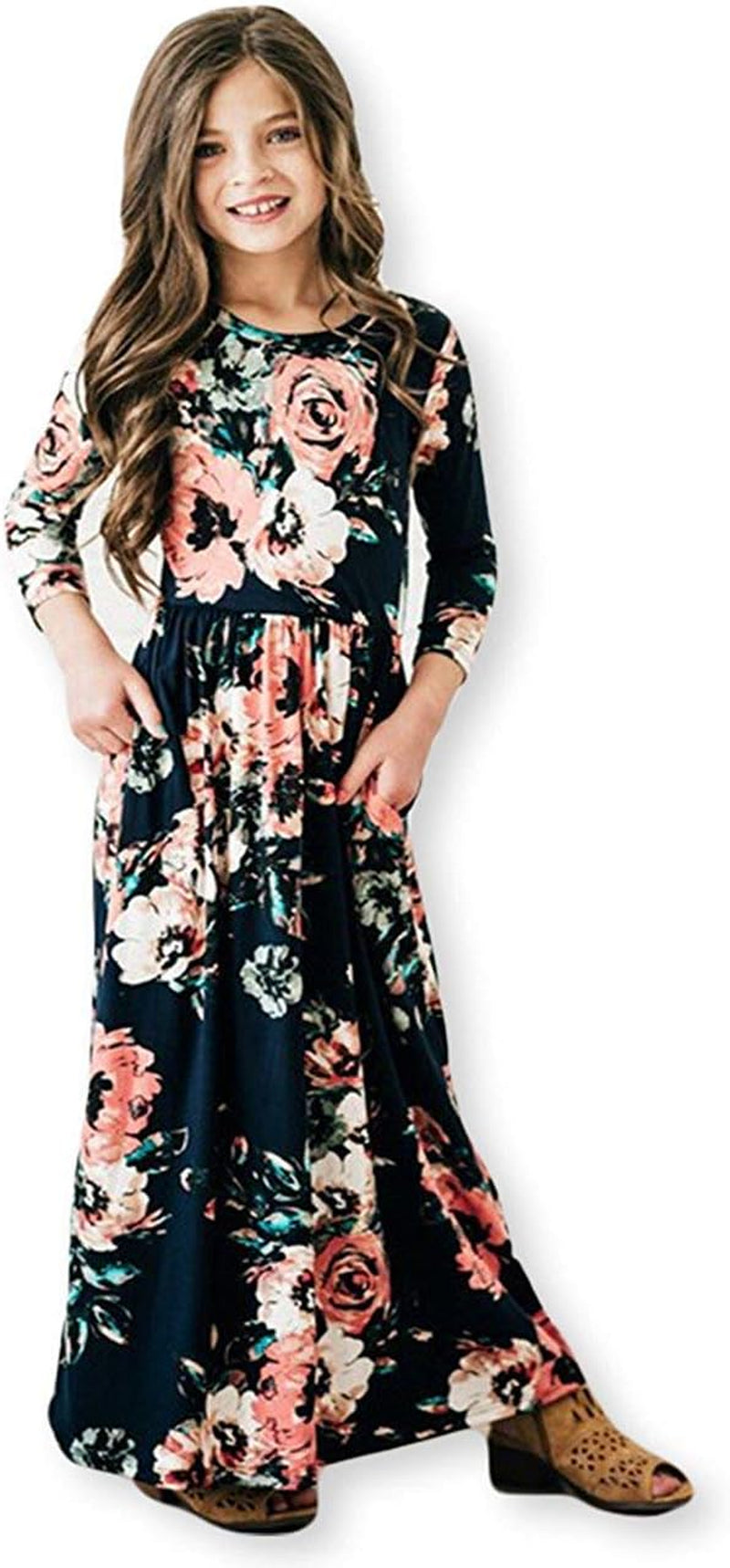Girls Floral Maxi Dress – 3/4 Sleeve Long Dress with Pockets (6 years old)