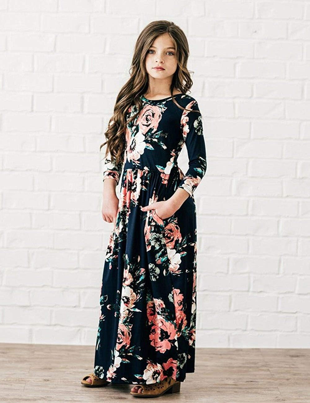 Girls Floral Maxi Dress – 3/4 Sleeve Long Dress with Pockets (6 years old)