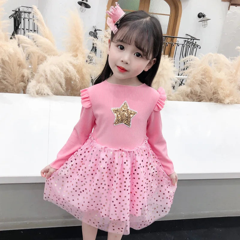 Baby Girl Star Sweater Dress – Toddler Knit Dress for Spring & Autumn | Long Sleeve Casual Outfit for Girls (1–5 Years)