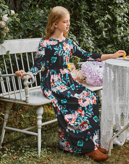 Girls Floral Maxi Dress – 3/4 Sleeve Long Dress with Pockets (6 years old)