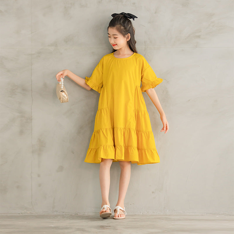 Girls Yellow Dress – Solid Color Cotton Dress with Ruffle Sleeves | Toddler & Kids Sizes