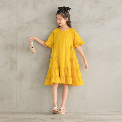 Girls Yellow Dress – Solid Color Cotton Dress with Ruffle Sleeves | Toddler & Kids Sizes